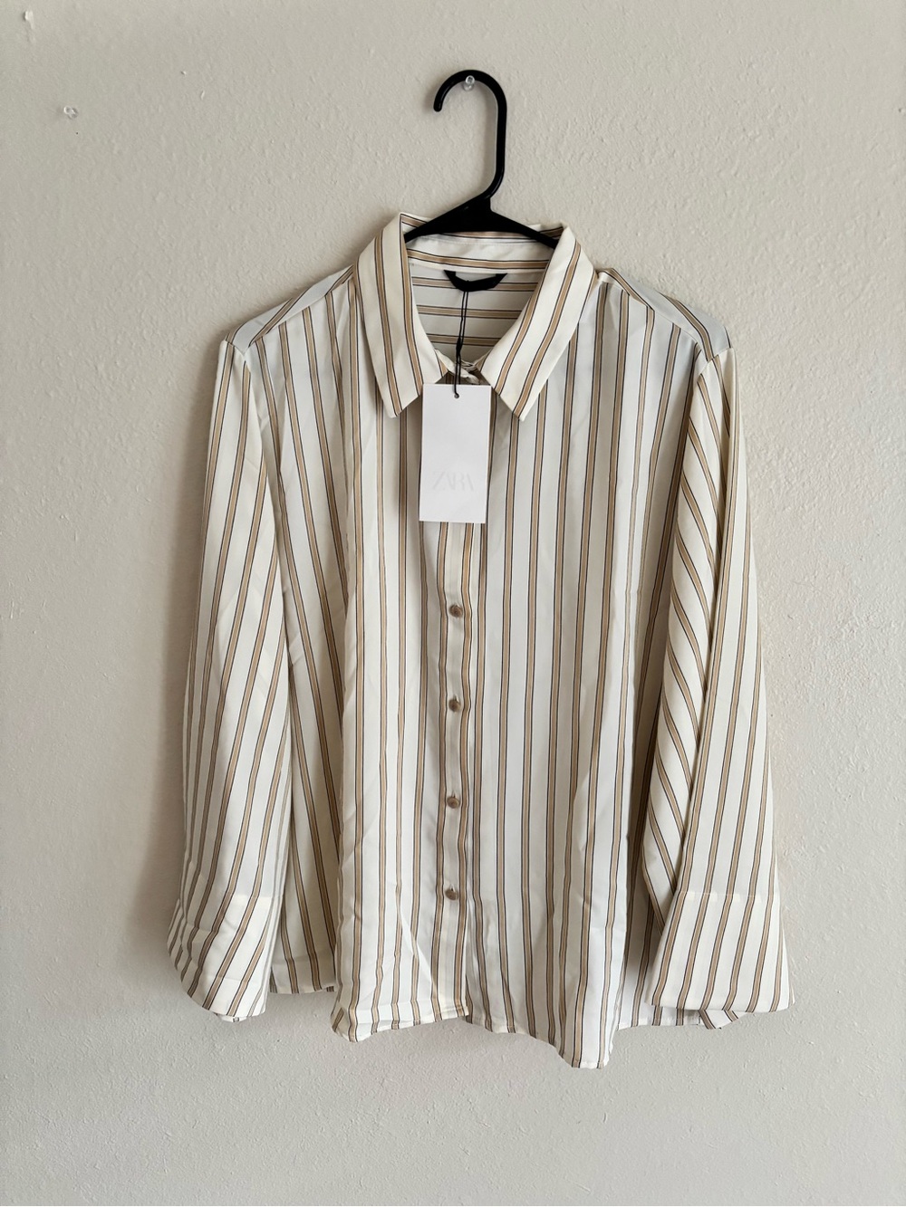 Zara Terez Cream Button-Down Shirt with Tan Stripes